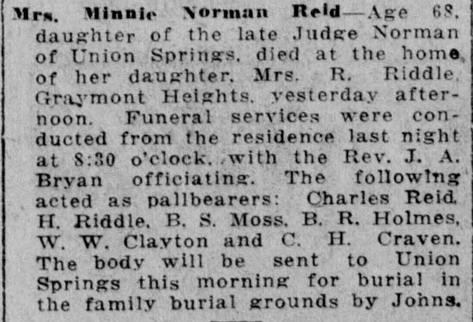 Minnie Norman Reid obituary